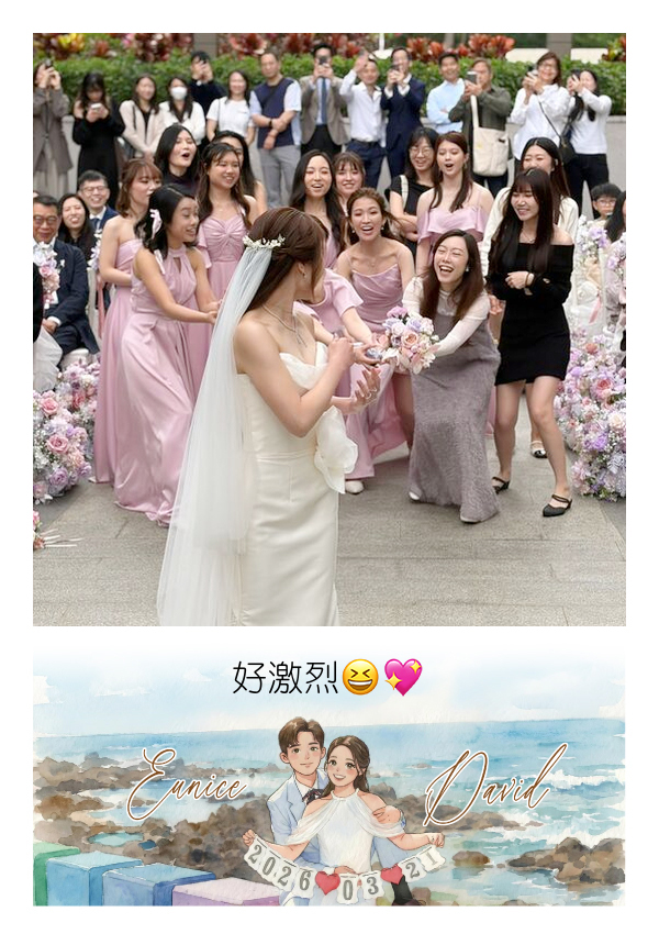 LomoBooth 婚禮即影即印完成相片,新娘與姊妹團於戶外婚禮互動,配搭 Eunice & David 海邊新人插畫 LomoBooth 相框