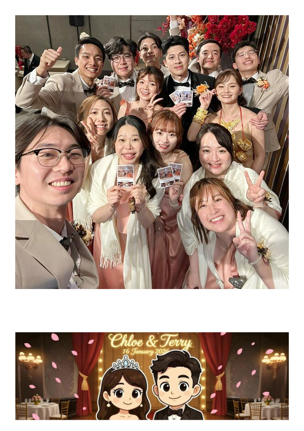 LomoBooth 婚禮即影即印完成相片,多位婚禮賓客自拍大合照並展示即印相片,配搭 Chloe & Terry 新人卡通及婚宴場景 LomoBooth 相框