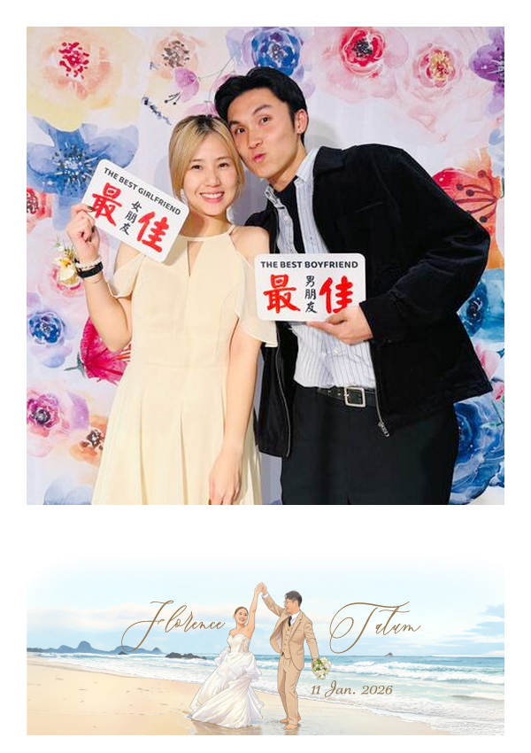LomoBooth 婚禮即影即印完成相片,兩位婚禮賓客手持趣味道具合照,配搭 Florence & Tatum 海灘新人插畫 LomoBooth 相框