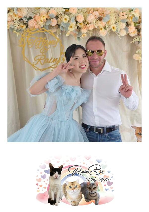 LomoBooth 婚禮即影即印完成相片,一對男女於婚禮花卉佈置前合照,配搭 RainBo 三隻貓咪照片及彩虹心形元素 LomoBooth 相框