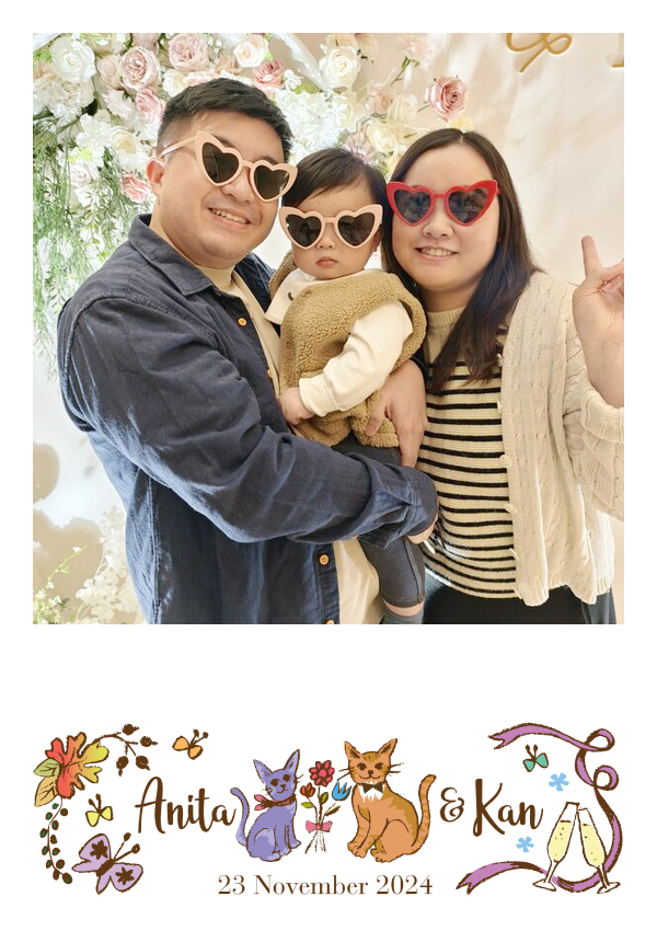 LomoBooth 婚禮即影即印完成相片,三人戴上心形眼鏡趣味合照,配搭 Anita & Kan 貓咪插畫及花卉元素 LomoBooth 相框