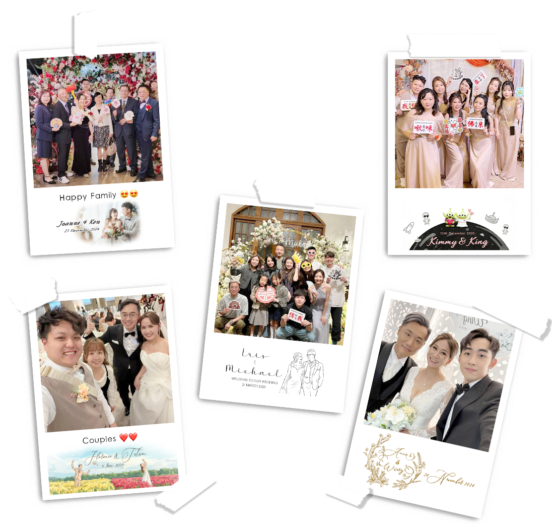 LomoBooth 婚禮即影即印自訂相框展示,多款個人化婚禮相框配搭賓客照片、留言及不同設計元素